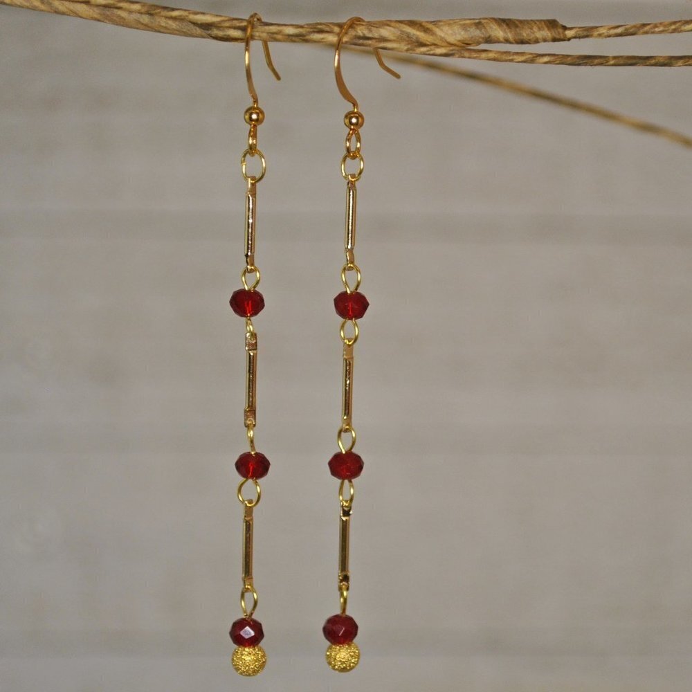 Ruby Crystal & Gold Drop Earrings Handmade​​​​